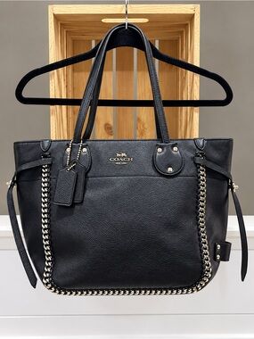 Coach Black Leather Tote with Chain-Trim and Gold Logo